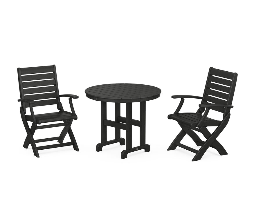 POLYWOOD Signature Folding Chair 3-Piece Round Farmhouse Dining Set in Black