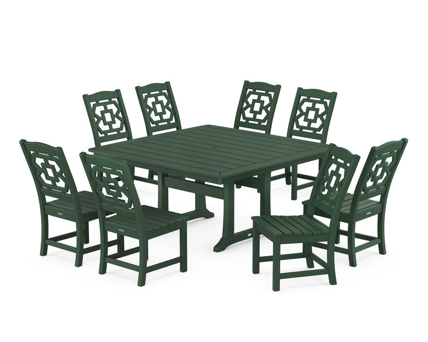 Martha Stewart by POLYWOOD Chinoiserie 9-Piece Square Side Chair Dining Set with Trestle Legs in Green
