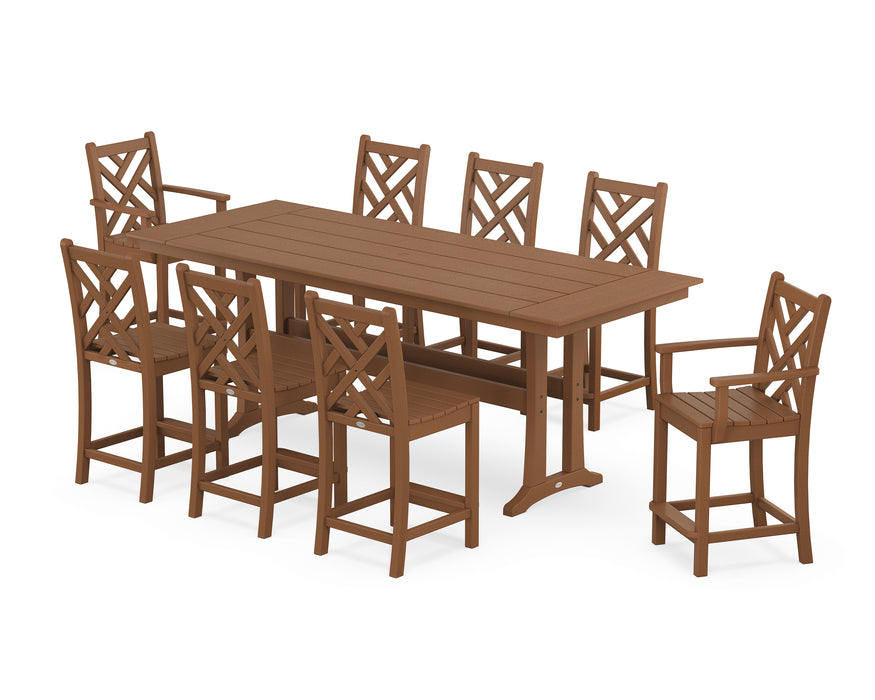 POLYWOOD® Chippendale 9-Piece Farmhouse Counter Set with Trestle Legs in Teak