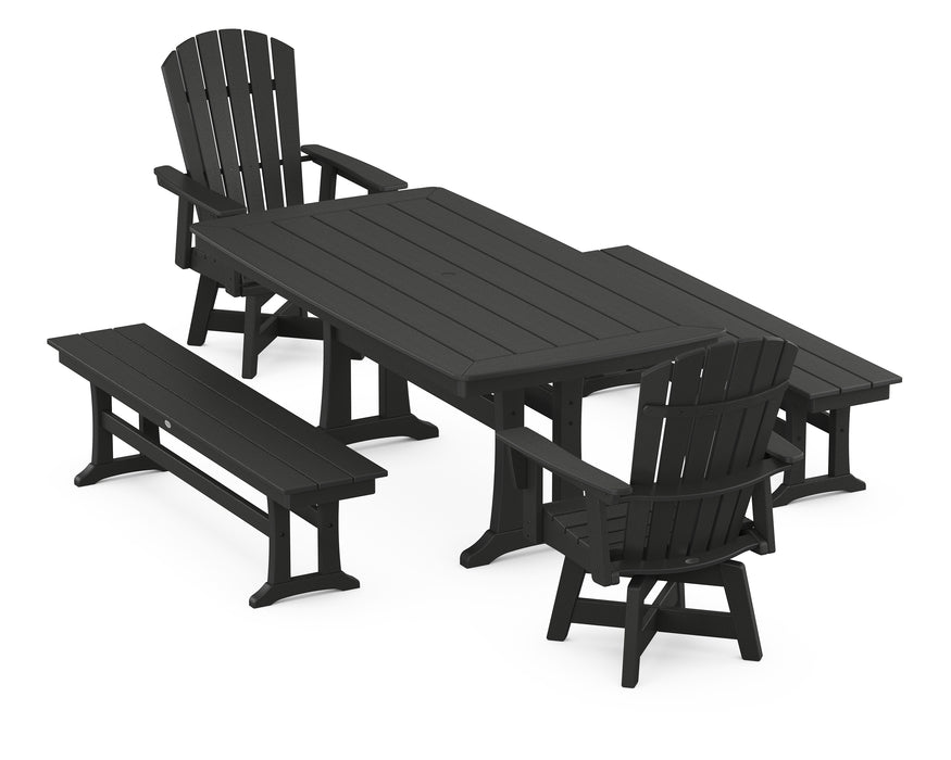 POLYWOOD Nautical Curveback Adirondack Swivel Chair 5-Piece Dining Set with Trestle Legs and Benches in Black