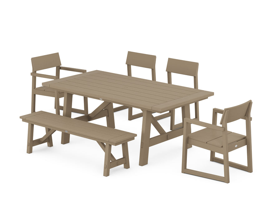 POLYWOOD EDGE 6-Piece Rustic Farmhouse Dining Set with Bench in Vintage Sahara