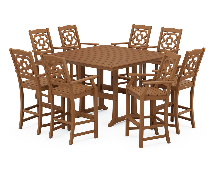 Martha Stewart by POLYWOOD Chinoiserie 9-Piece Square Bar Set with Trestle Legs in Teak