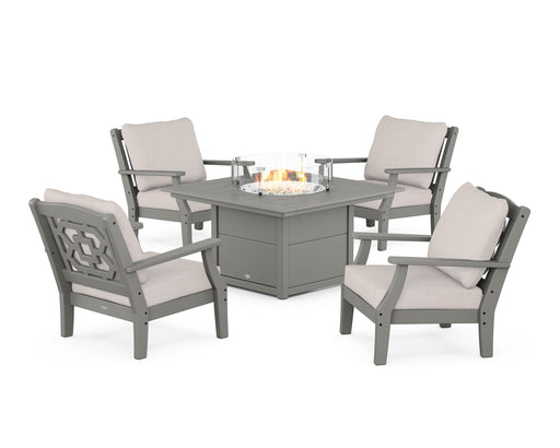 Martha Stewart by POLYWOOD Chinoiserie 5-Piece Deep Seating Set with Fire Pit Table in Slate Grey with Dune Burlap fabric