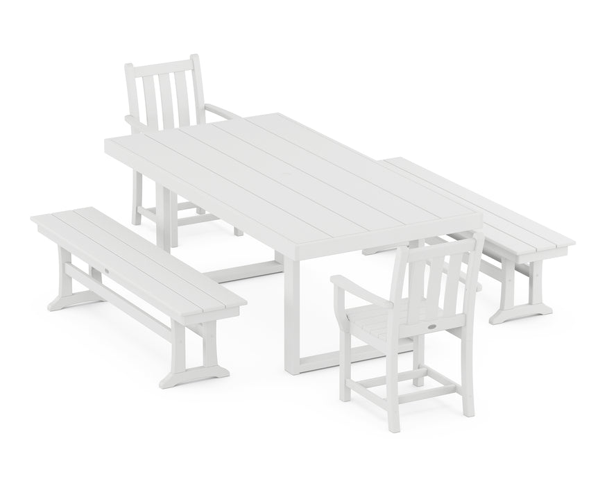 POLYWOOD Traditional Garden 5-Piece Dining Set with Benches in White