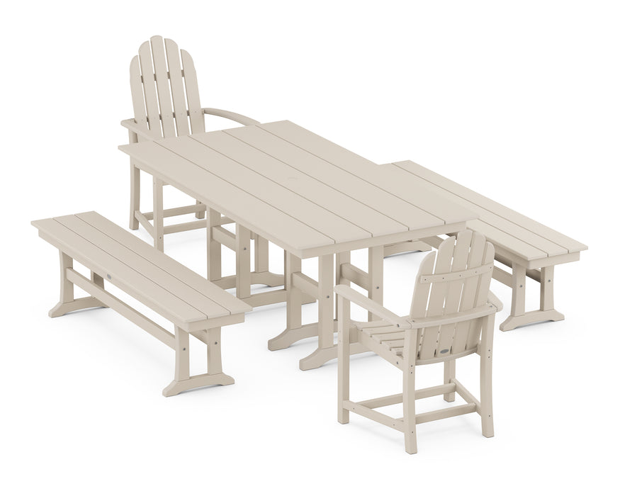 POLYWOOD Classic Adirondack 5-Piece Farmhouse Dining Set with Benches in Sand