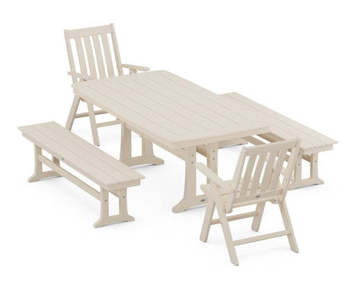 POLYWOOD Vineyard Folding Chair 5-Piece Dining Set with Trestle Legs and Benches in Sand