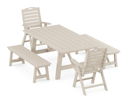 POLYWOOD Nautical Highback Chair 5-Piece Rustic Farmhouse Dining Set With Benches in Sand