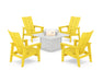POLYWOOD® 5-Piece Modern Grand Upright Adirondack Conversation Set with Fire Pit Table in Lemon / White