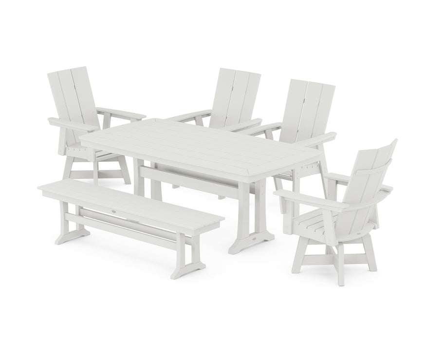 POLYWOOD Modern Curveback Adirondack Swivel Chair 6-Piece Dining Set with Trestle Legs and Bench in Vintage White