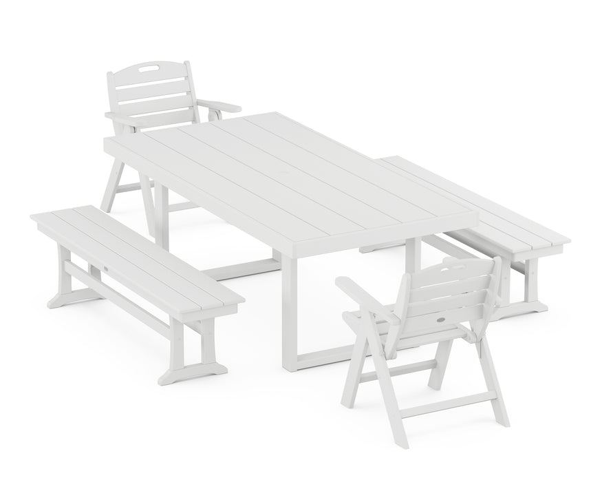 POLYWOOD® Nautical Lowback 5-Piece Dining Set with Benches in White
