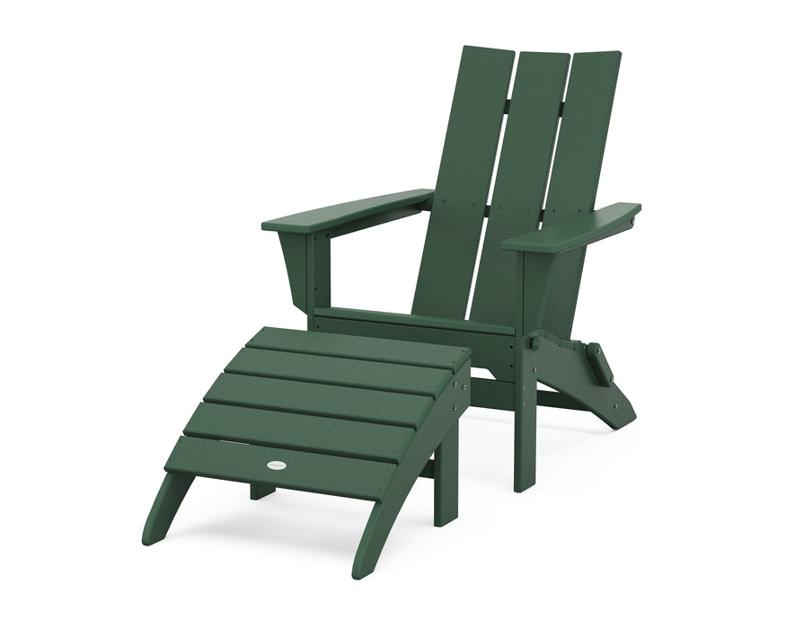 POLYWOOD Modern Folding Adirondack Chair 2-Piece Set with Ottoman in Green