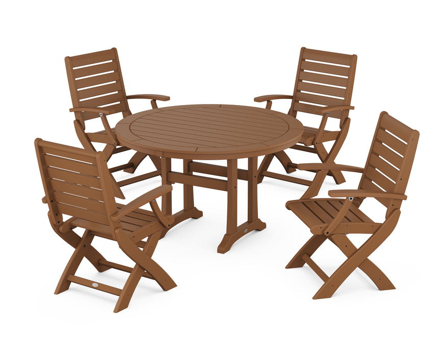 POLYWOOD Signature 5-Piece Round Dining Set with Trestle Legs in Teak