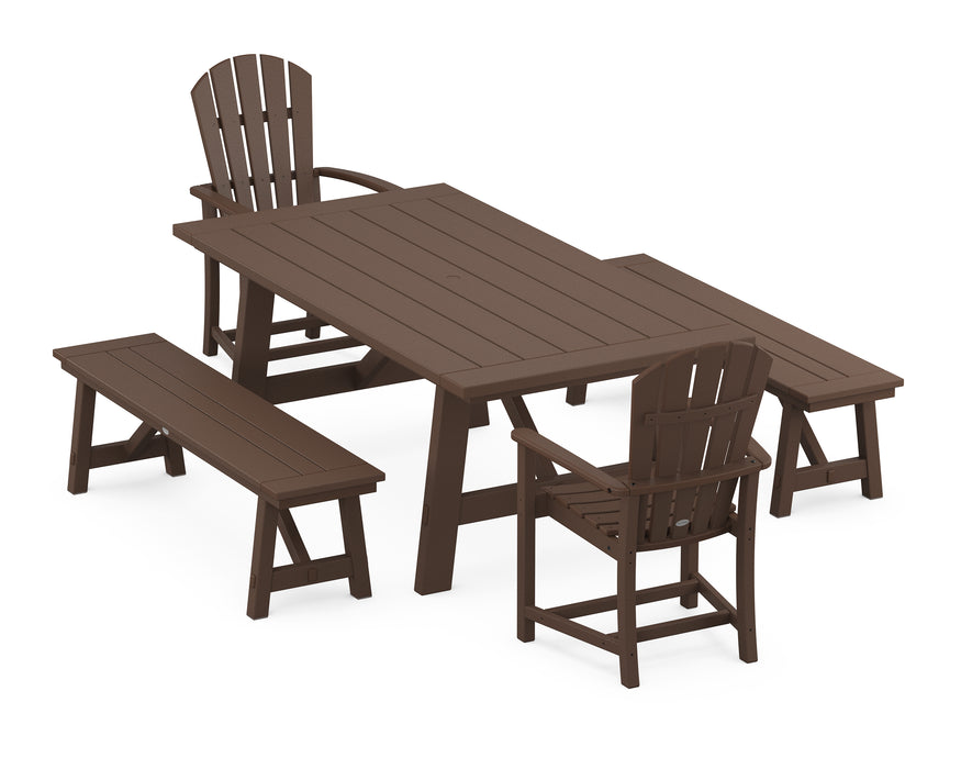 POLYWOOD Palm Coast 5-Piece Rustic Farmhouse Dining Set With Trestle Legs in Mahogany