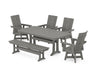 POLYWOOD Modern Curveback Adirondack Swivel Chair 6-Piece Dining Set with Trestle Legs and Bench in Slate Grey