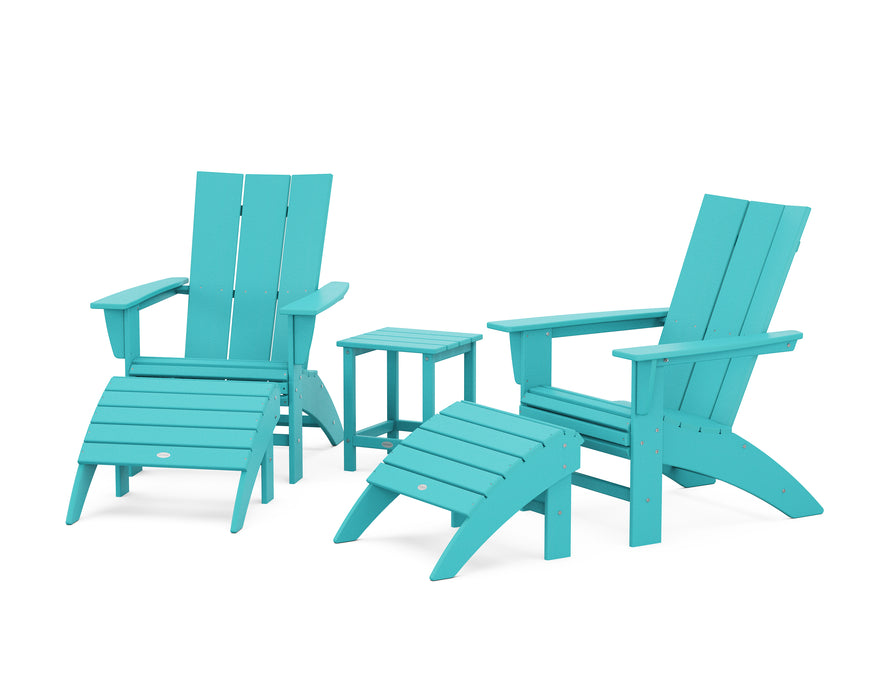 POLYWOOD Modern Curveback Adirondack Chair 5-Piece Set with Ottomans and 18" Side Table in Aruba