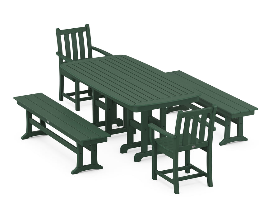POLYWOOD Traditional Garden 5-Piece Dining Set with Benches in Green
