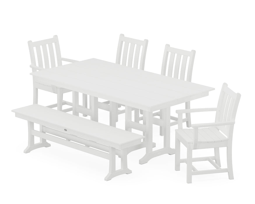 POLYWOOD® Traditional Garden 6-Piece Farmhouse Dining Set with Bench in White