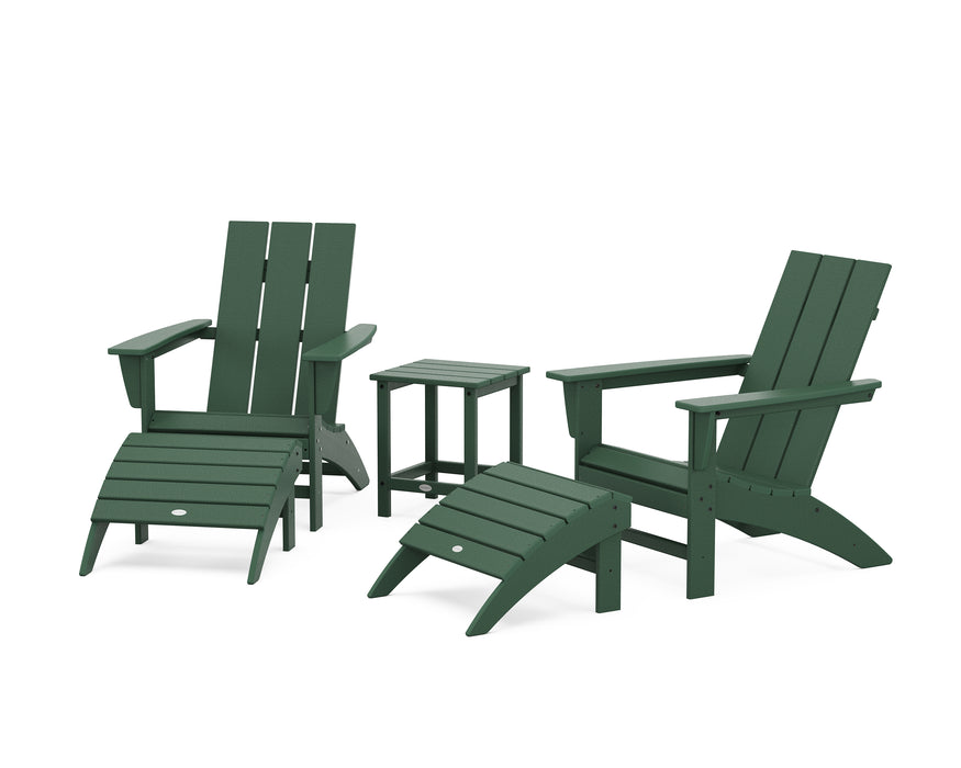POLYWOOD Modern Adirondack Chair 5-Piece Set with Ottomans and 18" Side Table in Green