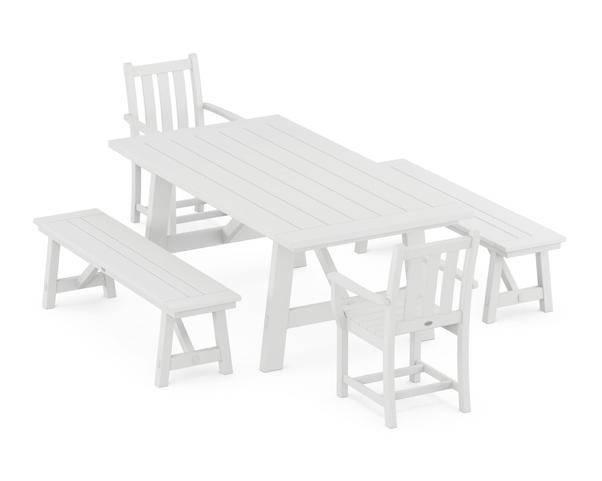 POLYWOOD Traditional Garden 5-Piece Rustic Farmhouse Dining Set With Benches in White