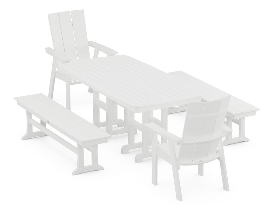 POLYWOOD Modern Curveback Adirondack 5-Piece Dining Set with Benches in White