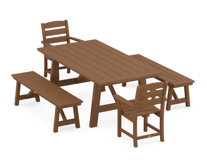 POLYWOOD Lakeside 5-Piece Rustic Farmhouse Dining Set With Trestle Legs in Teak