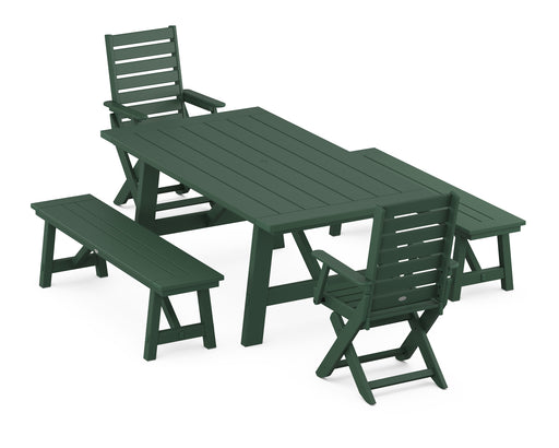 POLYWOOD Captain 5-Piece Rustic Farmhouse Dining Set With Benches in Green
