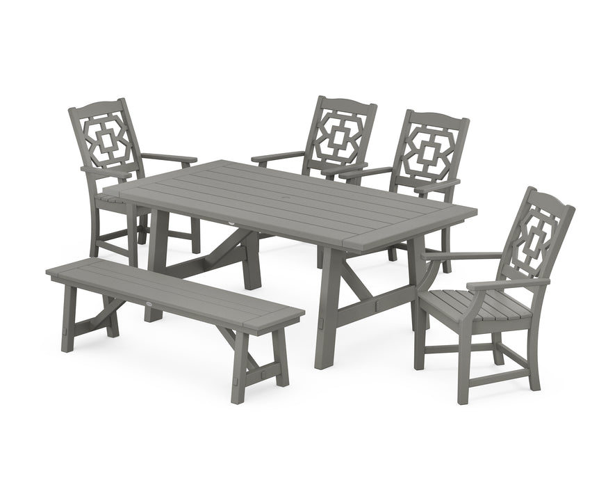 Martha Stewart by POLYWOOD Chinoiserie 6-Piece Rustic Farmhouse Dining Set with Bench in Slate Grey