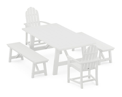 POLYWOOD Classic Adirondack 5-Piece Rustic Farmhouse Dining Set With Benches in White