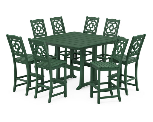 Martha Stewart by POLYWOOD Chinoiserie 9-Piece Square Farmhouse Side Chair Bar Set with Trestle Legs in Green