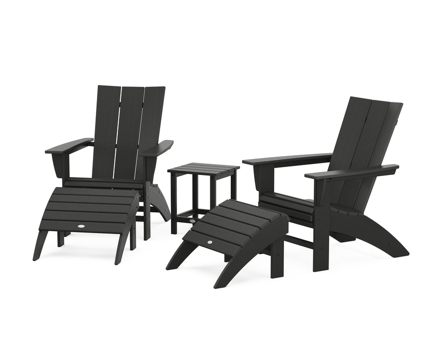 POLYWOOD Modern Curveback Adirondack Chair 5-Piece Set with Ottomans and 18" Side Table in Black