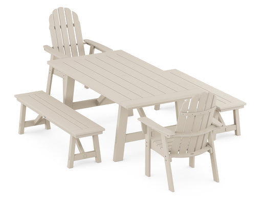 POLYWOOD Vineyard Curveback Adirondack 5-Piece Rustic Farmhouse Dining Set With Benches in Sand