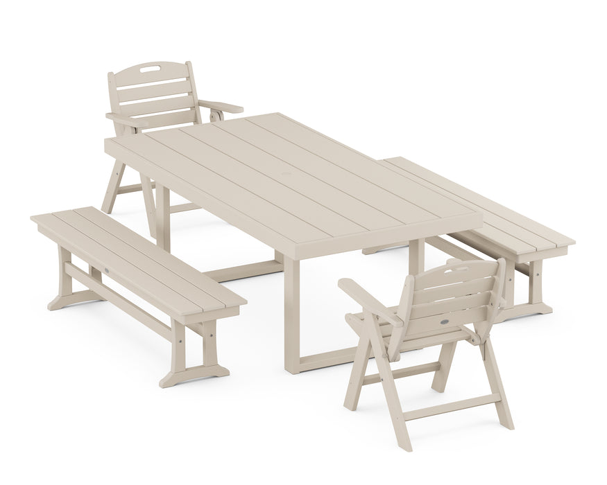 POLYWOOD® Nautical Lowback 5-Piece Dining Set with Benches in Sand