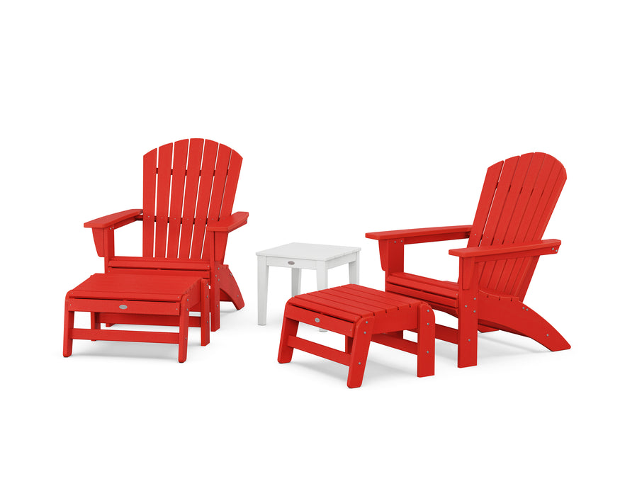 POLYWOOD® 5-Piece Nautical Grand Adirondack Set with Ottomans and Side Table in Sunset Red / White