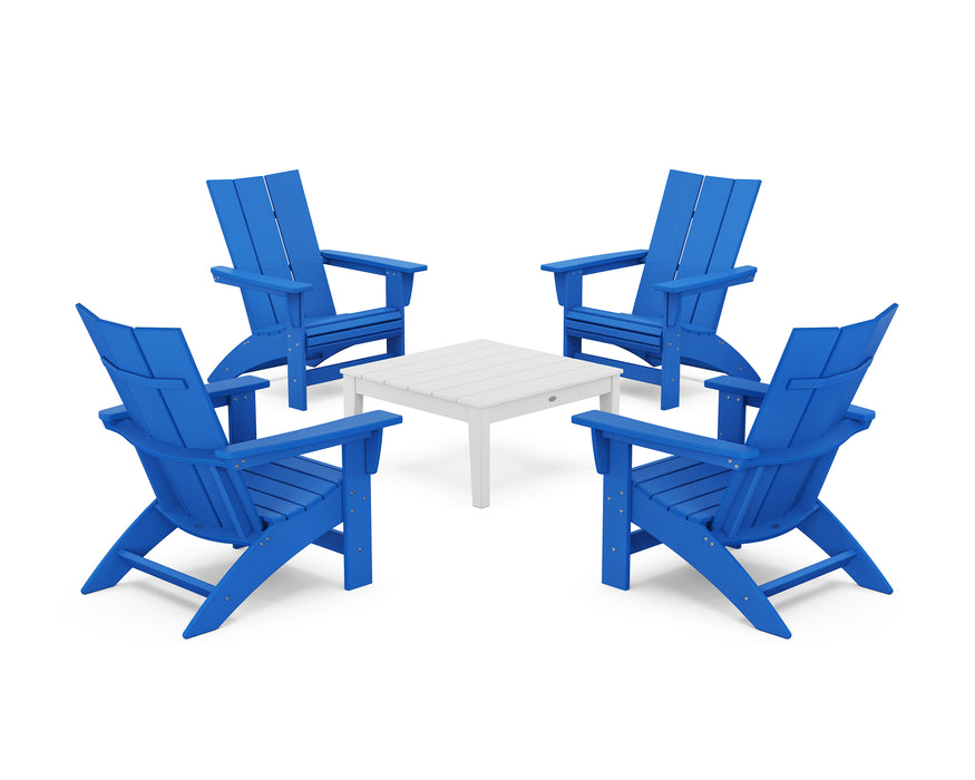 POLYWOOD® 5-Piece Modern Grand Adirondack Chair Conversation Group in Pacific Blue / White