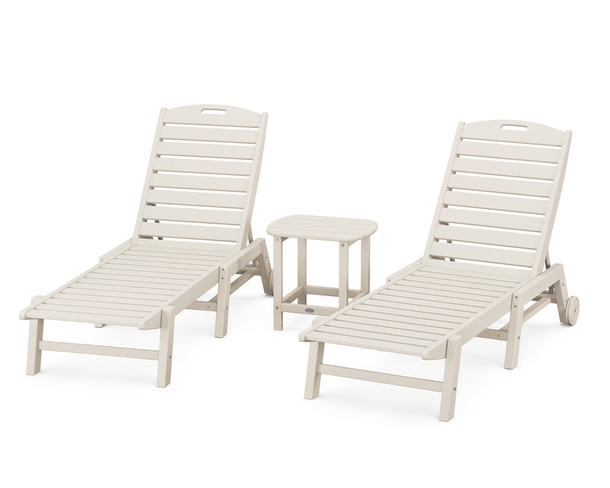 POLYWOOD Nautical 3-Piece Chaise Lounge with Wheels Set with South Beach 18" Side Table in Sand
