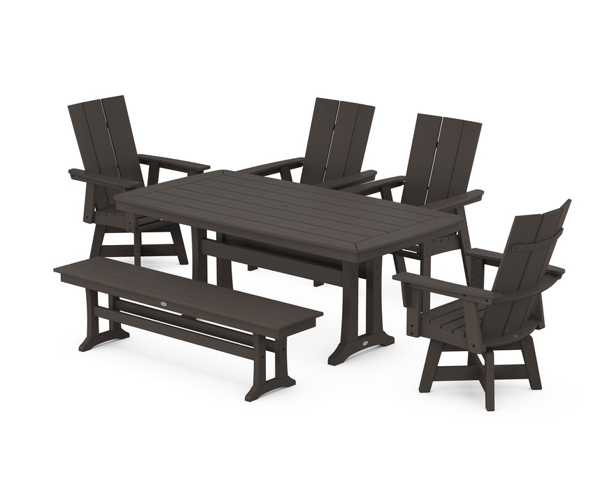 POLYWOOD Modern Curveback Adirondack Swivel Chair 6-Piece Dining Set with Trestle Legs and Bench in Vintage Coffee