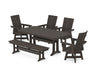 POLYWOOD Modern Curveback Adirondack Swivel Chair 6-Piece Dining Set with Trestle Legs and Bench in Vintage Coffee