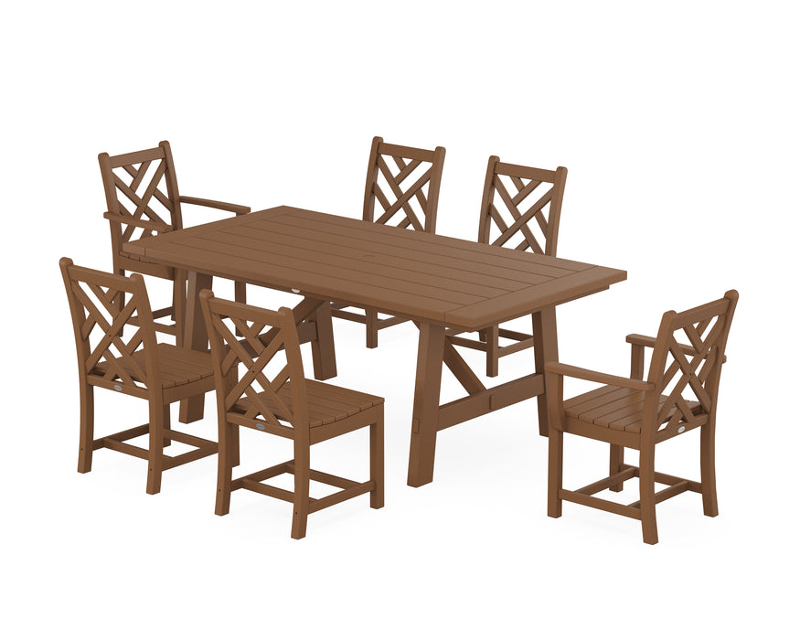 POLYWOOD Chippendale 7-Piece Rustic Farmhouse Dining Set With Trestle Legs in Teak