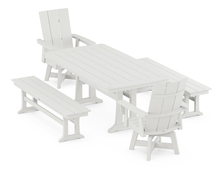 POLYWOOD® Modern Curveback Adirondack Swivel Chair 5-Piece Dining Set with Trestle Legs and Benches in Vintage White