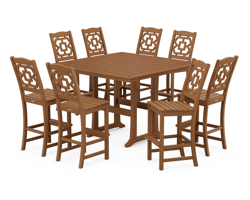 Martha Stewart by POLYWOOD Chinoiserie 9-Piece Square Side Chair Bar Set with Trestle Legs in Teak