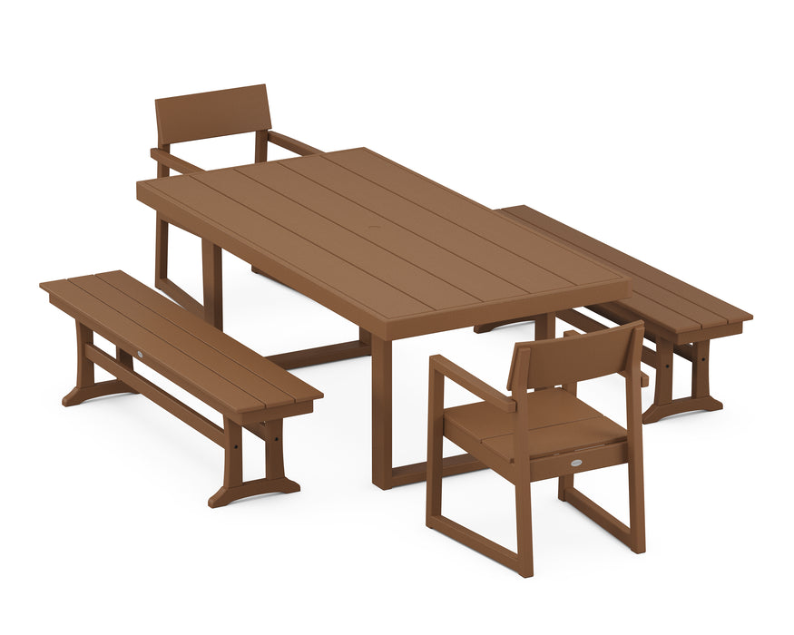 POLYWOOD EDGE 5-Piece Dining Set with Benches in Teak