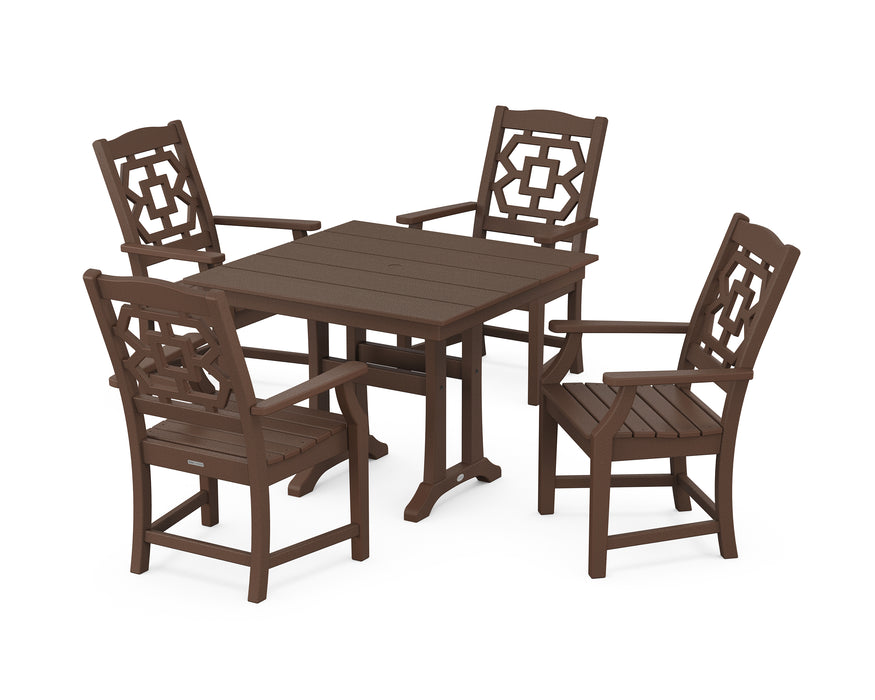 Martha Stewart by POLYWOOD Chinoiserie 5-Piece Farmhouse Dining Set with Trestle Legs in Mahogany