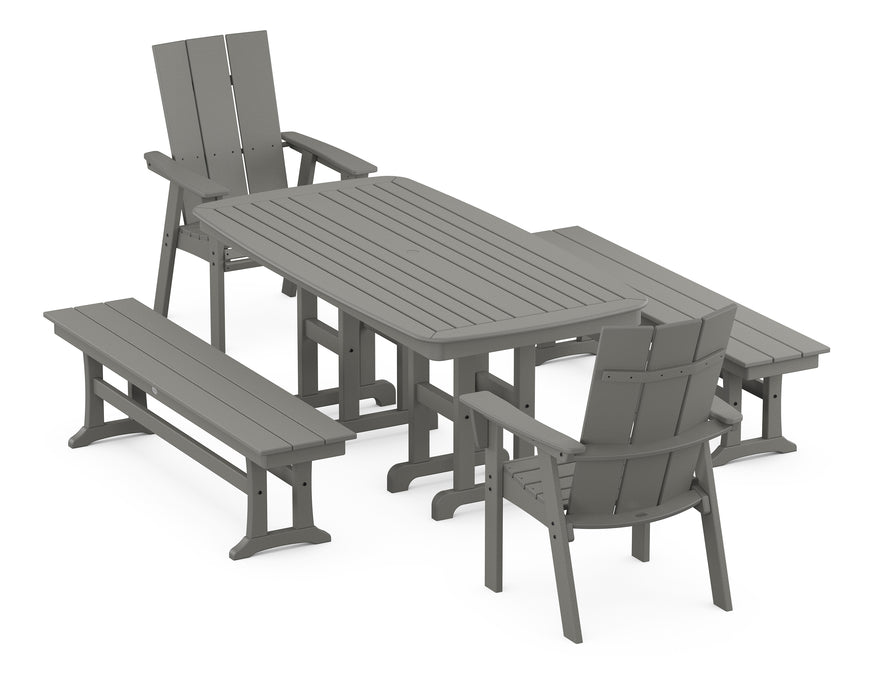POLYWOOD Modern Curveback Adirondack 5-Piece Dining Set with Benches in Slate Grey