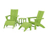 POLYWOOD Modern Curveback Adirondack Chair 5-Piece Set with Ottomans and 18" Side Table in Lime