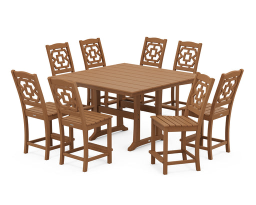 Martha Stewart by POLYWOOD Chinoiserie 9-Piece Square Farmhouse Side Chair Counter Set with Trestle Legs in Teak