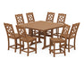 Martha Stewart by POLYWOOD Chinoiserie 9-Piece Square Farmhouse Side Chair Counter Set with Trestle Legs in Teak