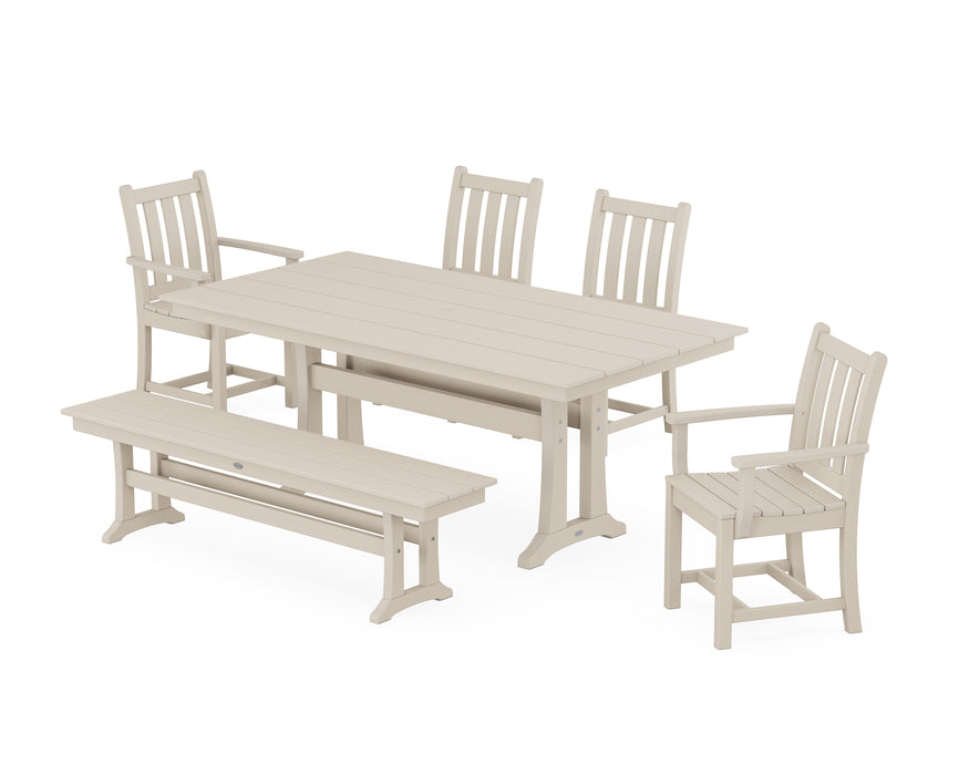 POLYWOOD Traditional Garden 6-Piece Farmhouse Dining Set with Trestle Legs and Bench in Sand