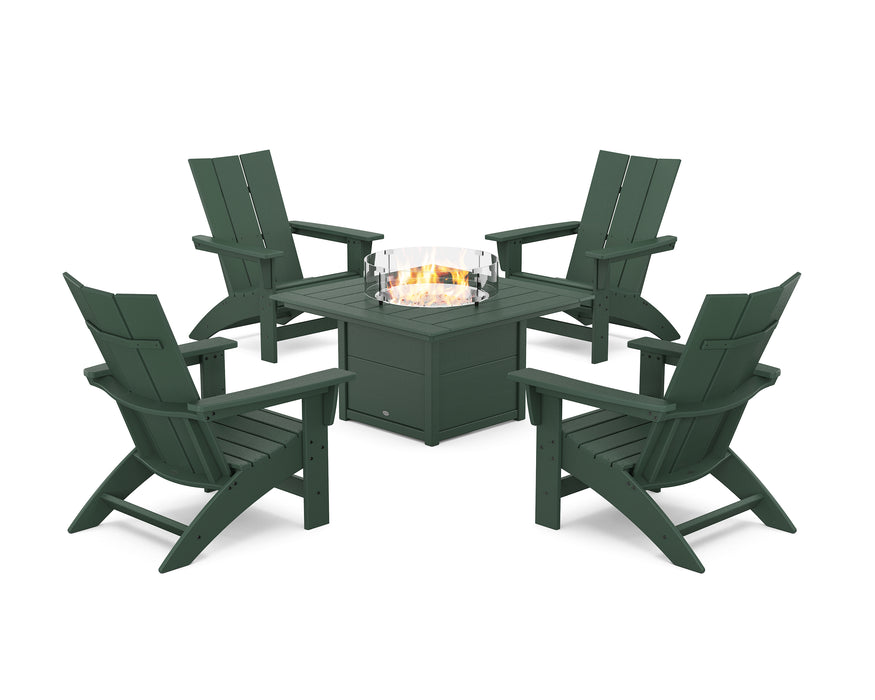 POLYWOOD® 5-Piece Modern Grand Adirondack Conversation Set with Fire Pit Table in Lemon / White