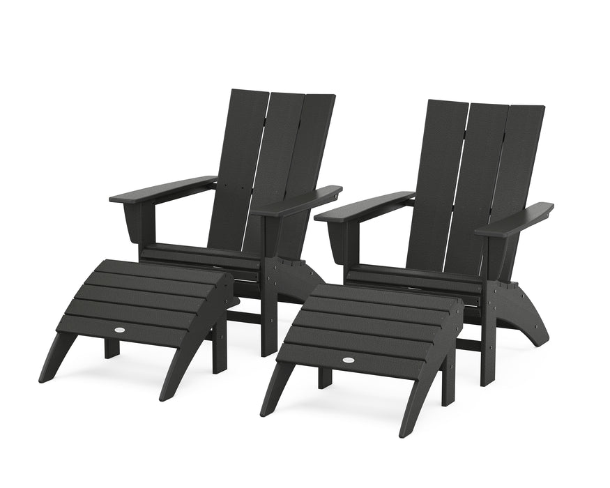 POLYWOOD Modern Curveback Adirondack Chair 4-Piece Set with Ottomans in Black
