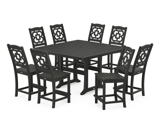 Martha Stewart by POLYWOOD Chinoiserie 9-Piece Square Side Chair Counter Set with Trestle Legs in Black